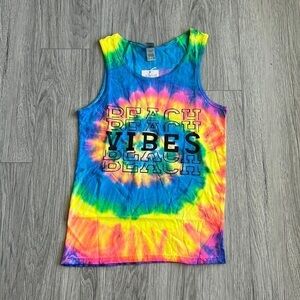 Beach Vibes Rainbow Tie Dye Graphic Tee Tank Top Size Small
